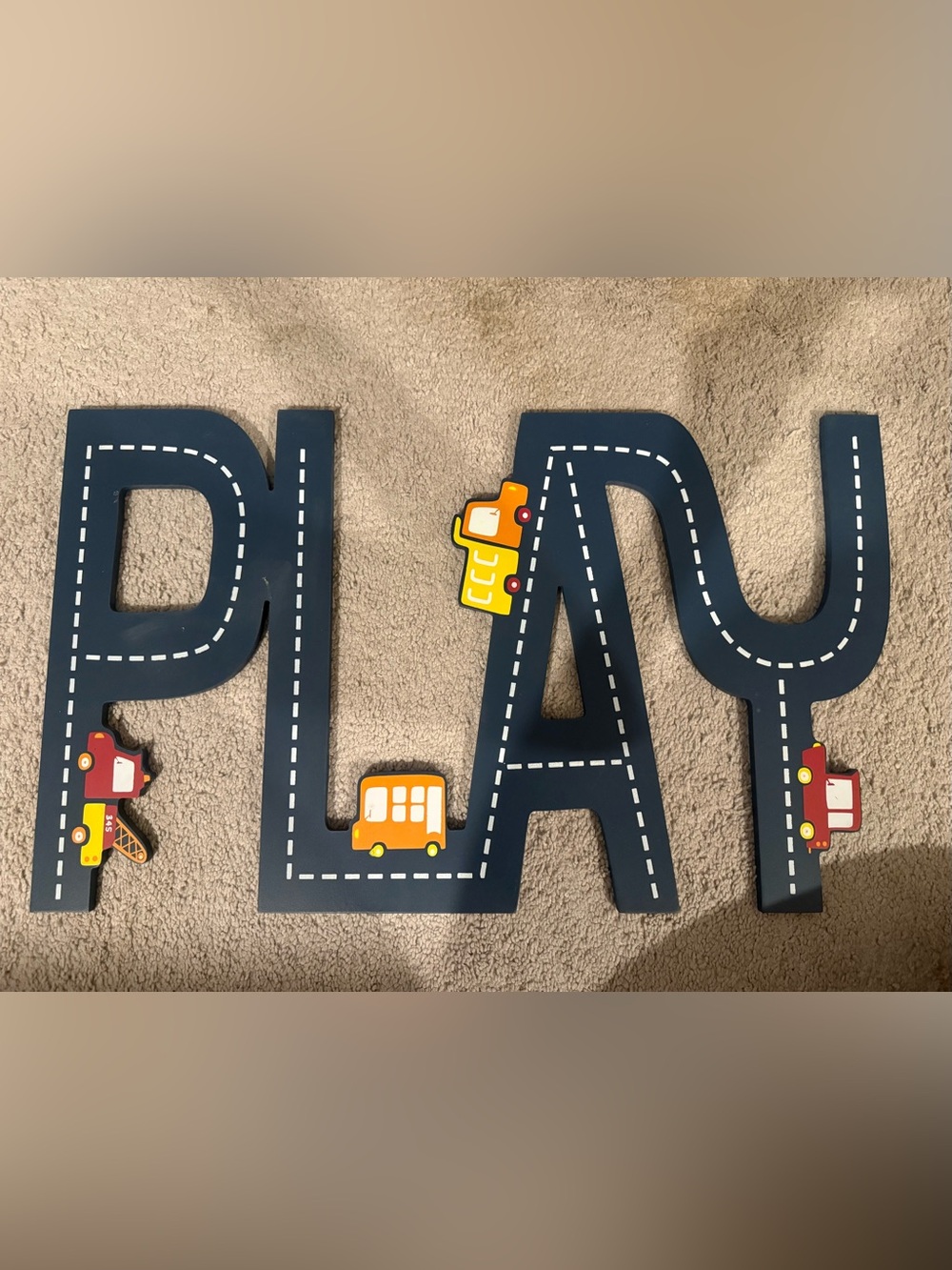 Kids Decorative Road Letter Wooden Wall Sign - Navy with Orange Cars